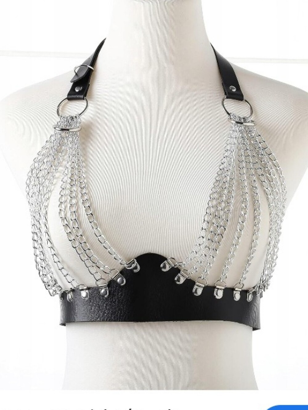 Edgy Black Leather & Silver Chain Halter Bra